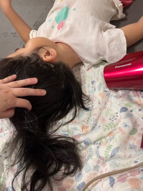 首が動かせる子は横向きでドライヤーをする